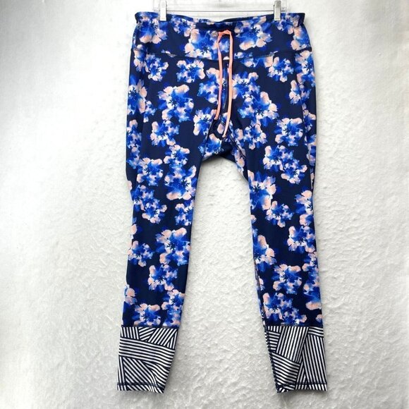 Old Navy Active Leggings Women Sz XXL Blue Pink Floral Pull On Go Dry Drawstring - Picture 1 of 11